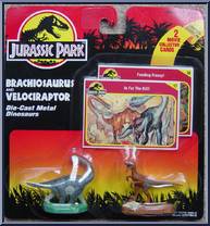 Brachiosaurus & Velociraptor from Jurassic Park - Die-Cast Metal Dinosaurs manufactured by Kenner [Front]